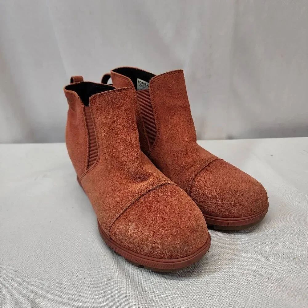 Sorel Women Evie Hidden WedgeWarp Red Suede Waterproof Pull-On Booties Size 6.5
